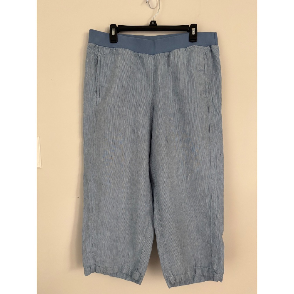 J. Jill Love Linen Blue Pinstripe Cropped Pants 1X Womens Elastic Waist Pocket